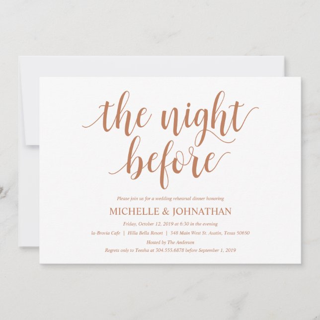 Rustic Wedding Rehearsal Dinner, Copper Colour Invitation (Front)