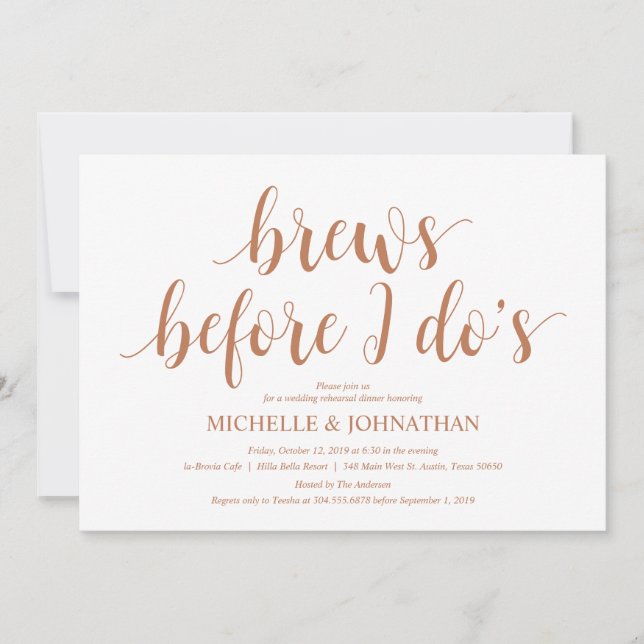 Rustic Wedding Rehearsal Dinner, Modern Copper Invitation (Front)