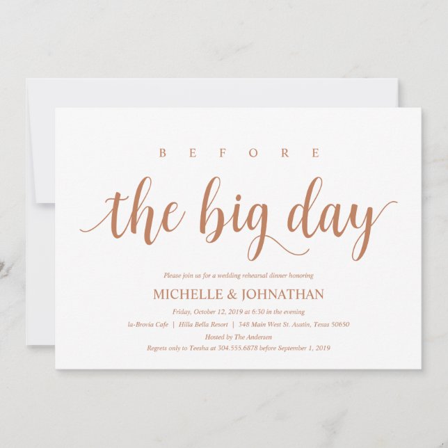 Rustic Wedding Rehearsal Dinner, Modern Copper Invitation (Front)