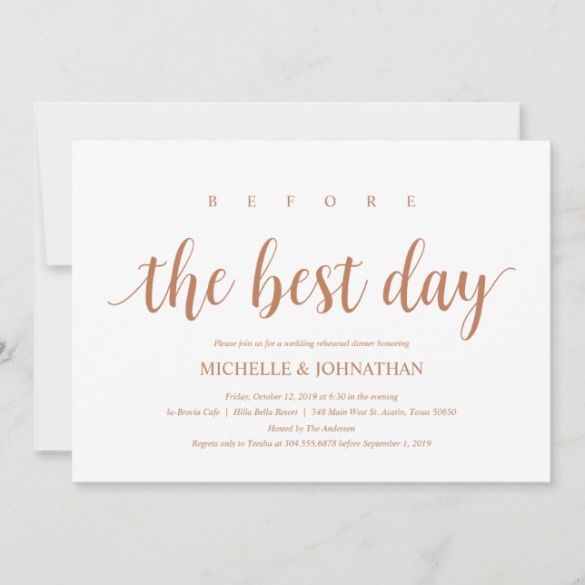 Rustic Wedding Rehearsal Dinner, Modern Copper Invitation (Front)