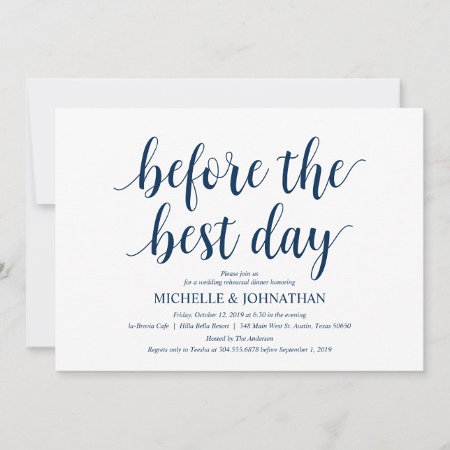 Rustic Wedding Rehearsal Dinner, Navy Blue Invitation (Front)