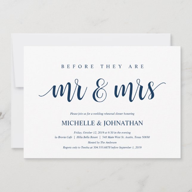 Rustic Wedding Rehearsal Dinner, Navy Blue Invitation (Front)