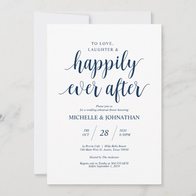 Rustic Wedding Rehearsal Dinner, Navy blue Invitation (Front)