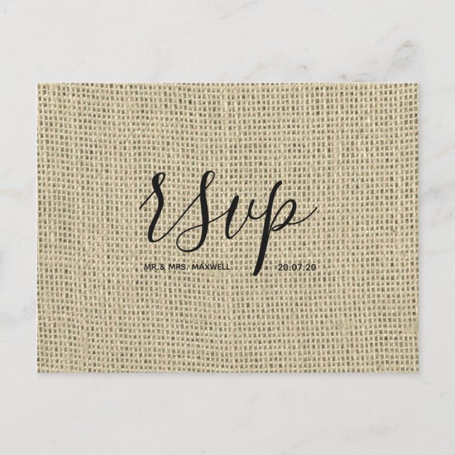 Rustic Wedding Rsvp card | Hessian Burlap Script (Front)