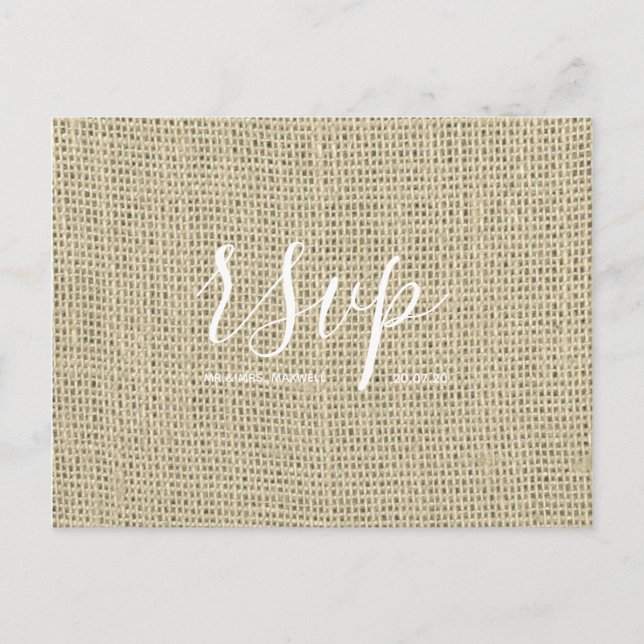 Rustic Wedding Rsvp card | Hessian Burlap Script (Front)