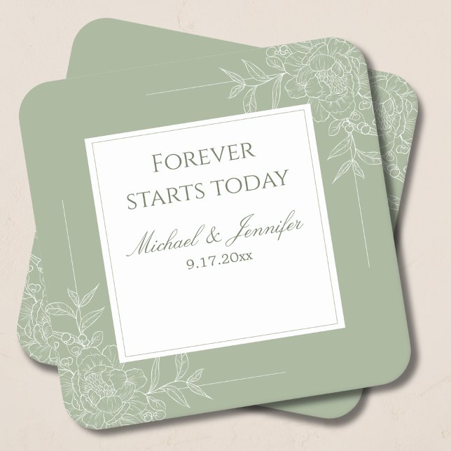 Rustic Wedding Sage Green and White Modern Square Paper Coaster (Creator Uploaded)
