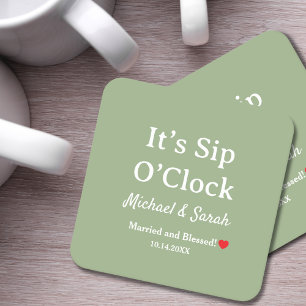 Rustic Wedding Sage Green It’s Sip O’Clock Custom Square Paper Coaster
