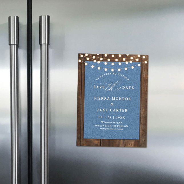 Rustic Wedding Save Date Wood Lights Denim Magnet (magnet wedding save the date rustic wood denim string lights blue white calligraphy chic elegant)