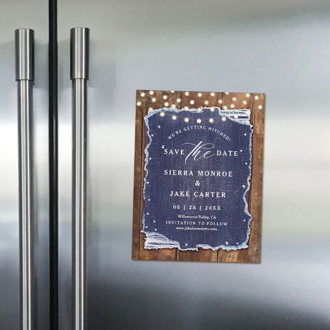 Rustic Wedding Save Date Wood Ripped Denim Magnet (magnet wedding save the date rustic wood ripped denim string lights blue white calligraphy chic )