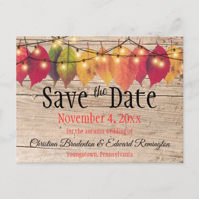 Rustic Wedding Save The Date Autumn Leaves Announcement Postcard (Front)