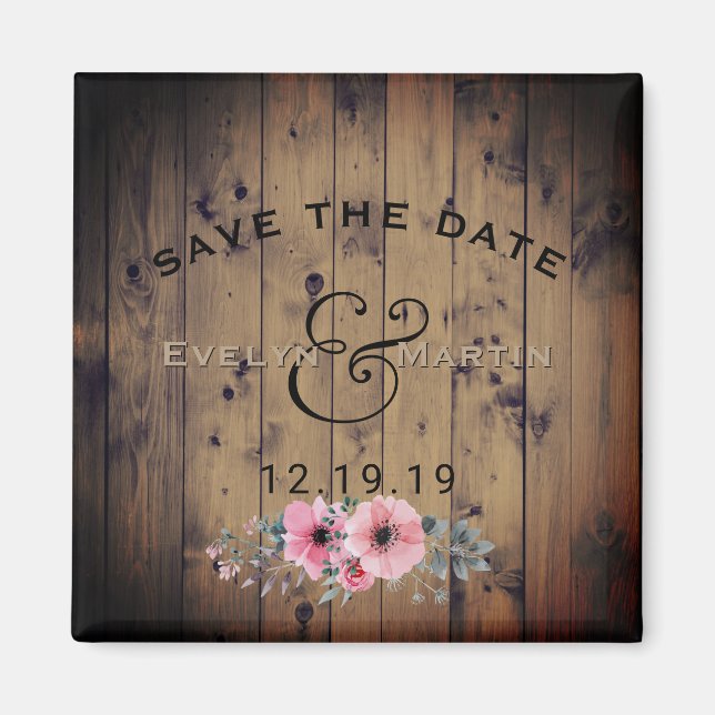 Rustic Wedding Save the Date Barnwood Floral Magnet (Front)