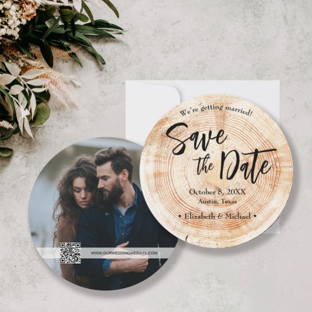 Rustic wedding Save the date Photo with website Invitation (Rustic elegant wood cut slice design, wedding photo save the date qr code website)