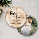Rustic Wedding Save the date photo Wood Grain Invitation<br><div class="desc">Introducing our Rustic Wedding Save the Date Photo Wood Grain Invitation—a blend of natural charm and romantic elegance, perfectly tailored to your rustic wedding theme. This unique round card captures the essence of wood grain, emulating the rustic disc slices often seen at beautiful and romantic weddings. 💍 Rustic Elegance: Immerse...</div>