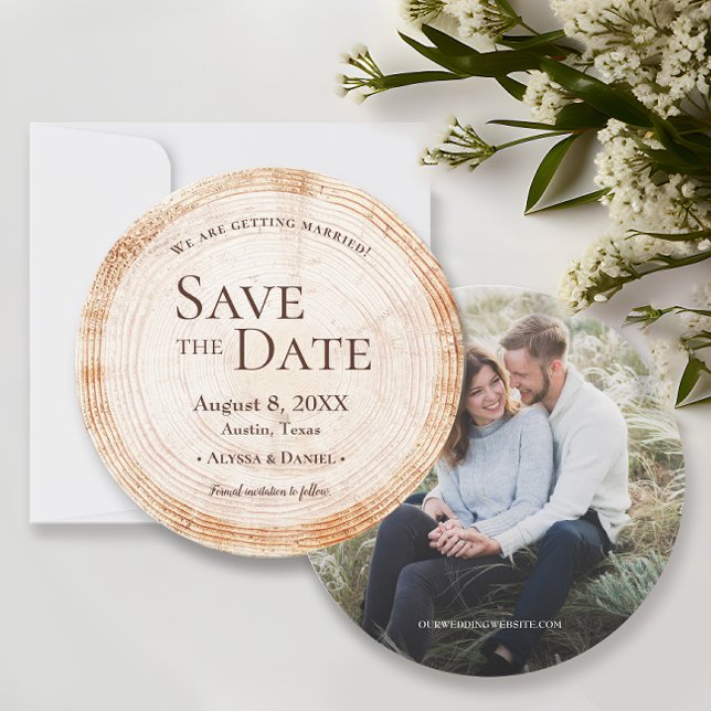 Rustic Wedding Save the date photo Wood Tree Bark Invitation (Rustic wedding save the date custom photo with wood grain tree bark cut slice design. )