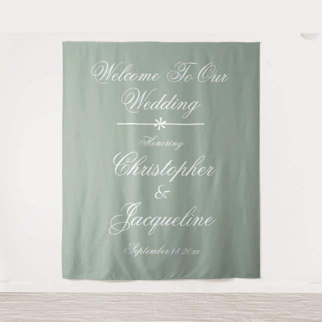 Rustic Wedding Script Names Sage Green Backdrop Tapestry (Front)