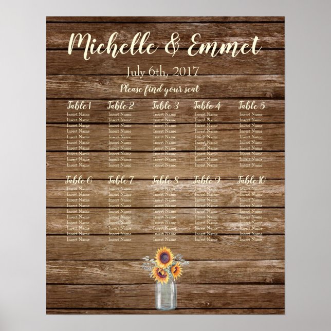 Rustic Wedding Seating Chart, Rustic, Sunflower Poster (Front)