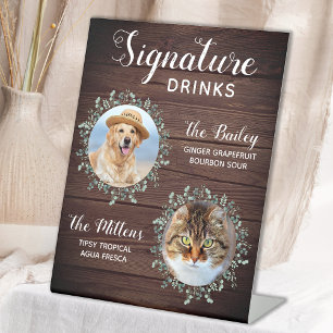 Rustic Wedding Signature Drinks Pet Photo Dog Bar Pedestal Sign