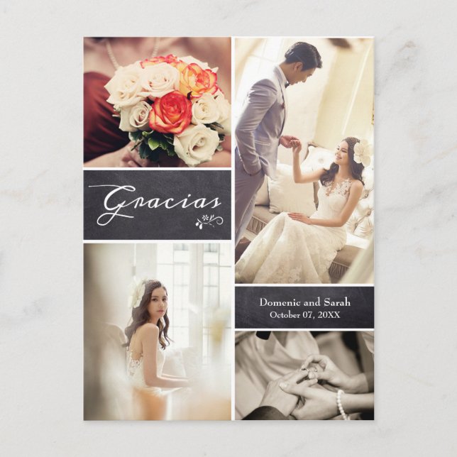 Rustic Wedding Spanish Photo Collage  "Gracias" Announcement Postcard (Front)