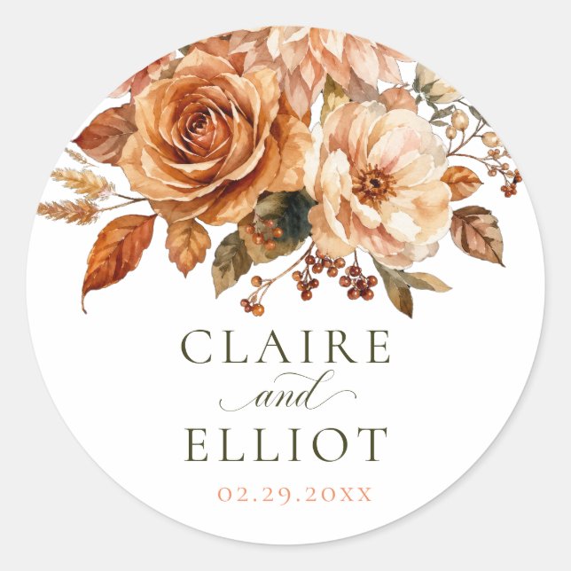 Rustic Wedding Sticker Rose Floral Autumn Orange (Front)