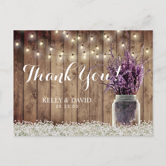 Rustic Wedding String Light Lavender Jar Thank You Postcard (Front)