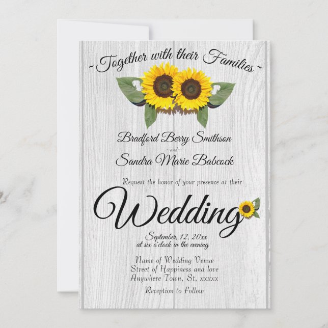 Rustic Wedding  Sunflower Barn Wood Grey Invitatio Invitation (Front)