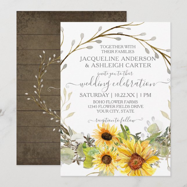 Rustic Wedding Sunflower Floral Wreath Watercolor Invitation (Front/Back)