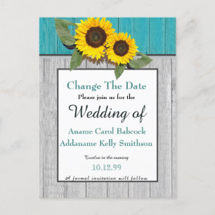 Rustic Wedding  Sunflower Teal Grey Wood Chic Announcement Postcard