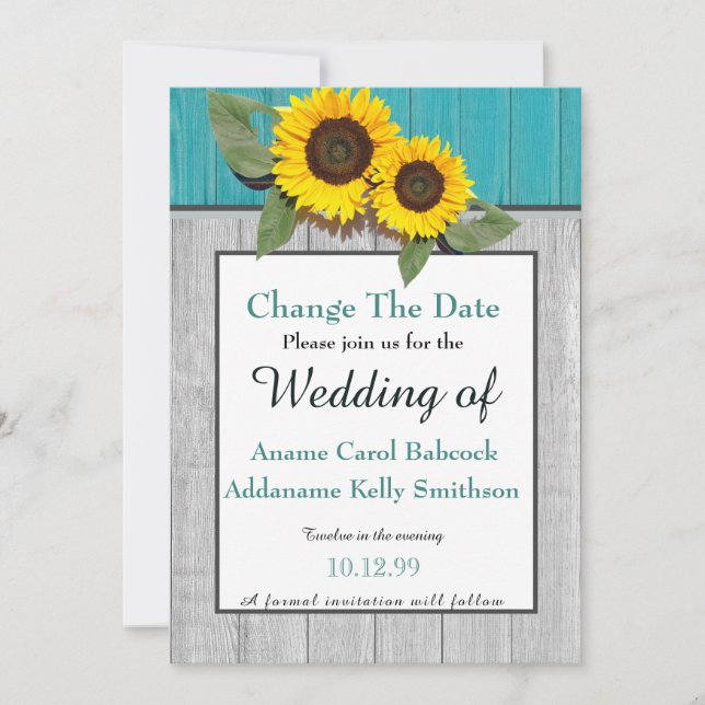 Rustic Wedding  Sunflower Teal Grey Wood Chic Save The Date (Front)