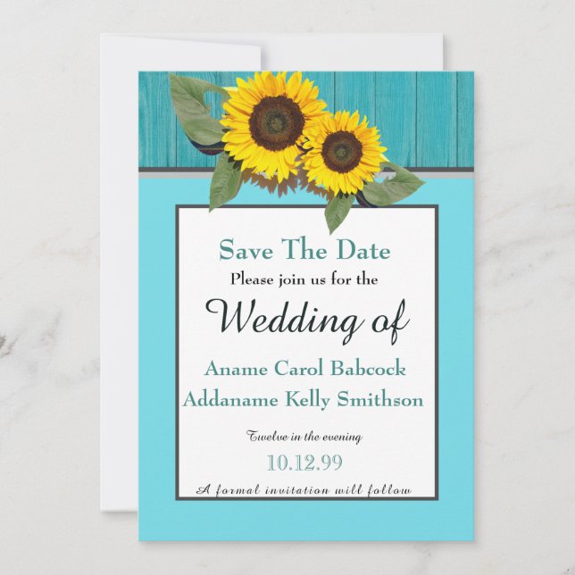 Rustic Wedding  Sunflower Teal Grey Wood Chic Save The Date (Front)
