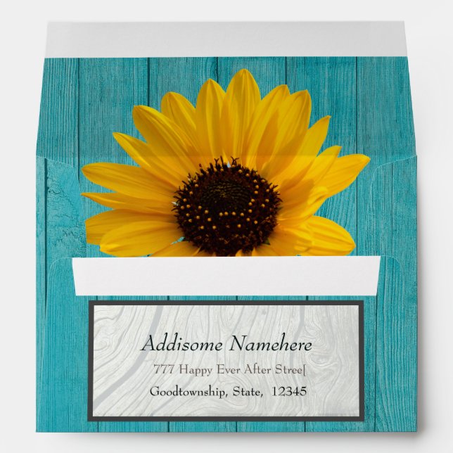 Rustic Wedding  Sunflower Teal n Grey Wood Envelope (Back (Bottom))