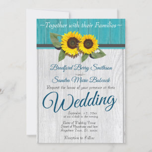 Rustic Wedding Sunflower Teal Wood Grey Stripe In Invitation