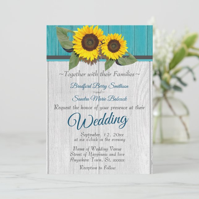 Rustic Wedding  Sunflower Teal Wood Grey Stripe In Invitation (Standing Front)