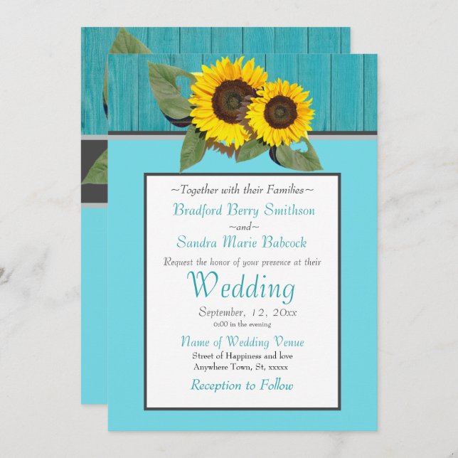 Rustic Wedding  Sunflower Teal Wood Grey Stripe Invitation (Front/Back)