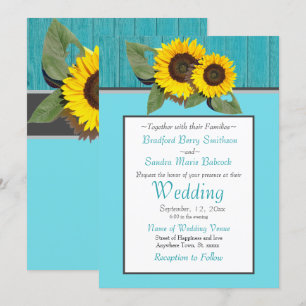 Rustic Wedding  Sunflower Teal Wood Grey Stripe Invitation