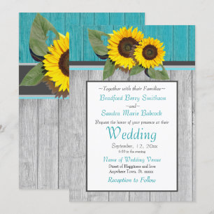 Rustic Wedding  Sunflower Teal Wood Grey Stripe Invitation