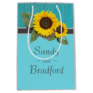 Rustic Wedding Sunflower Teal Wood Grey Stripe Medium Gift Bag