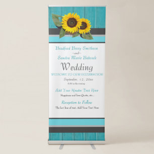 Rustic Wedding Sunflower Teal Wood Grey Stripe Retractable Banner