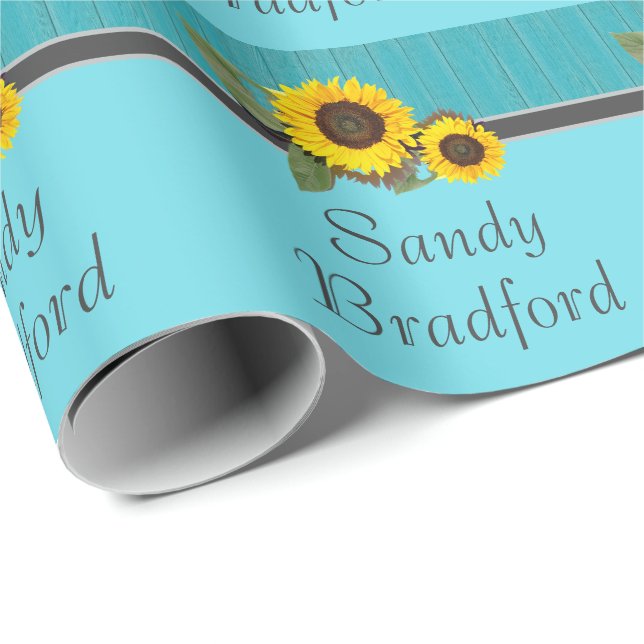 Rustic Wedding Sunflower Teal Wood Grey Stripe Wrapping Paper (Roll Corner)
