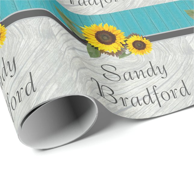 Rustic Wedding Sunflower Teal Wood Grey Wood Wrapping Paper (Roll Corner)