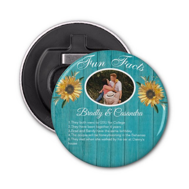 Rustic Wedding Teal Blue Fun Facts Sunflower  Wood Bottle Opener (Front)