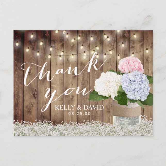 Rustic Wedding Thank You Hydrangea & Baby's Breath Postcard (Front)