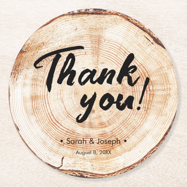 Rustic Wedding Thank You Wood Grain Favour  Round Paper Coaster (Front)