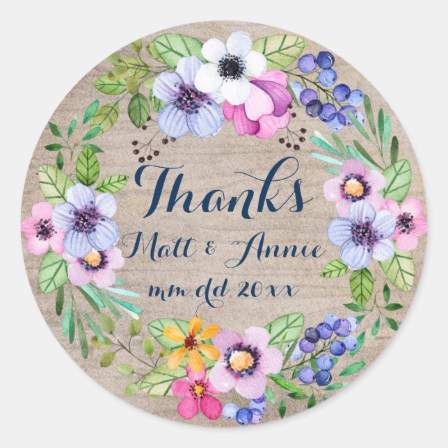 Rustic Wedding Thanks Sticker Watercolor Flowers (Front)