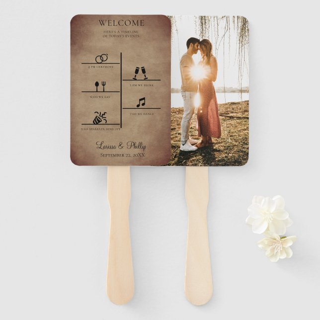 Rustic Wedding Timeline Photo Program  Hand Fan (Front and Back)