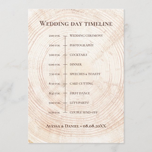 Rustic Wedding.Tree bark Custom Timeline Programme (Front)