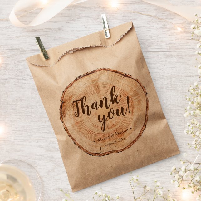 Rustic wedding tree rings Script names Thank you Favour Bags (Clipped)