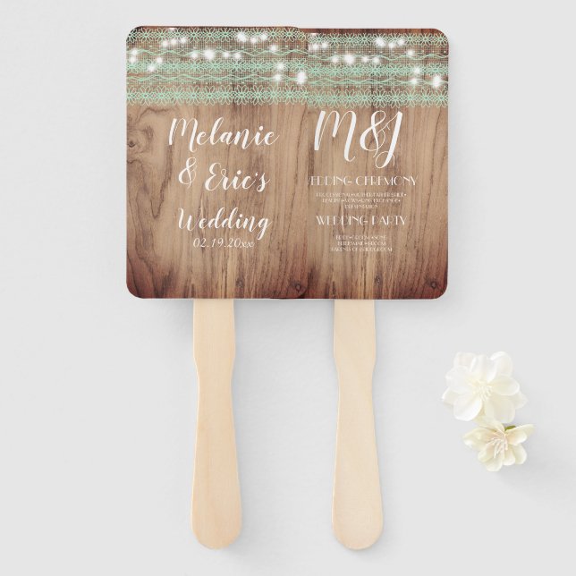Rustic Wedding Trunk Mint Lace Wedding Program Hand Fan (Front and Back)