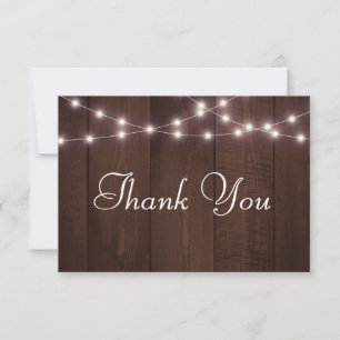 Rustic Wedding Typography Sting Lights Wood Thank You Card