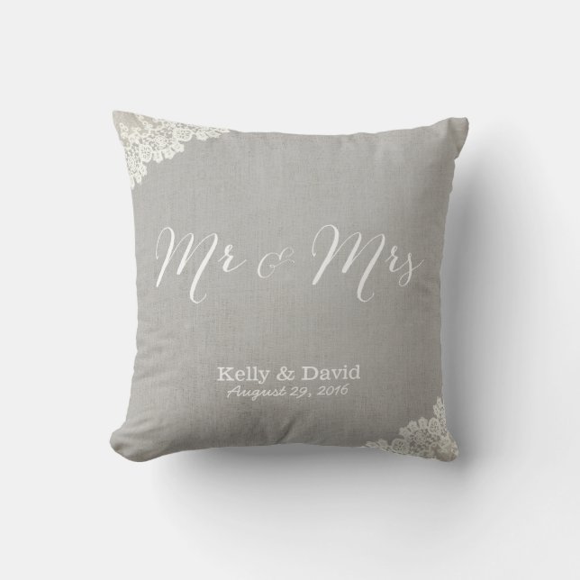 Rustic Wedding Vintage Lace & Linen Mr & Mrs Cushion (Front)