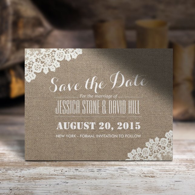 Rustic Wedding Vintage Laced Burlap  Announcement Postcard (Creator Uploaded)